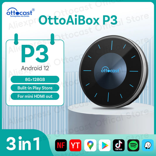 OTTOCAST P3 Android AI Box for Youtube Netflix Wireless CarPlay Android Auto TV Box for HDMI Out Car Accessories Gift for Men