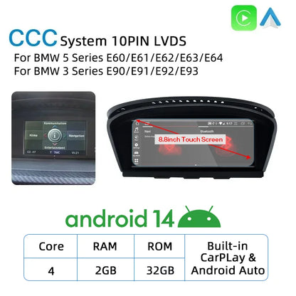New Android 14 Wireless CarPlay Screen For BMW E60 E61 E62 E63 E90 E91 E92 2005-2012 Car Multimedia Player GPS Radio Navigation