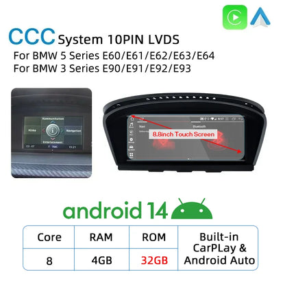 New Android 14 Wireless CarPlay Screen For BMW E60 E61 E62 E63 E90 E91 E92 2005-2012 Car Multimedia Player GPS Radio Navigation