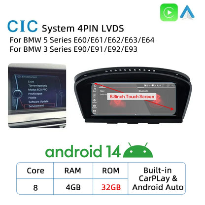 New Android 14 Wireless CarPlay Screen For BMW E60 E61 E62 E63 E90 E91 E92 2005-2012 Car Multimedia Player GPS Radio Navigation
