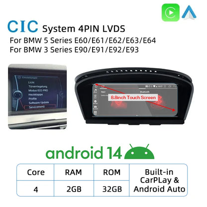 New Android 14 Wireless CarPlay Screen For BMW E60 E61 E62 E63 E90 E91 E92 2005-2012 Car Multimedia Player GPS Radio Navigation
