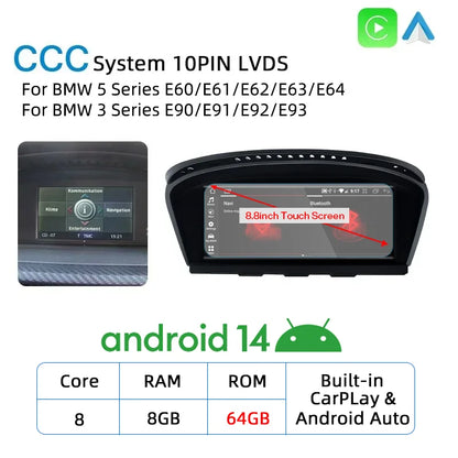 New Android 14 Wireless CarPlay Screen For BMW E60 E61 E62 E63 E90 E91 E92 2005-2012 Car Multimedia Player GPS Radio Navigation