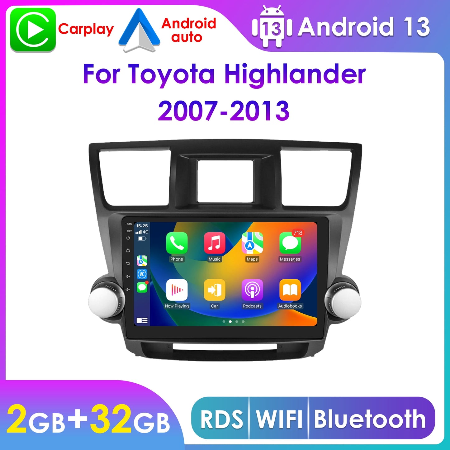 Toyota Android Head Unit   Android 13 Bluetooth Apple Carplay 4+64GB Wifi RDS Car Stereo Radio Head Unit GPS Navigation Player For Toyota Highlander 2008 2009 2010 2011 2012 2013