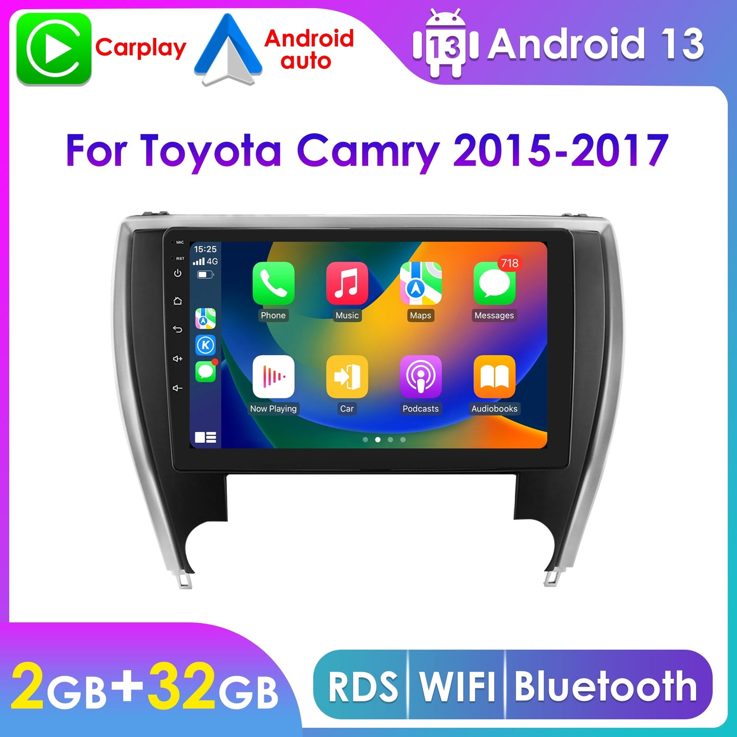 Toyota Android Head Unit   Apple Carplay Android 13 Bluetooth 2+32GB Wifi RDS 10.1" Touch Screen Car Stereo Radio Head Unit GPS Navigation Player For Toyota Camry 2015 2016 2017