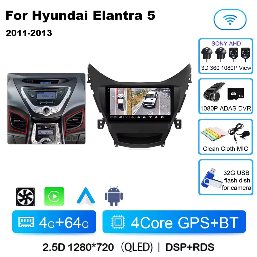 Android 14 Carplay Auto For Hyundai Elantra 5 JK GD MD UD 2011 - 2013 Qualcomm Car Radio Multimedia Video Player Navigation GPS