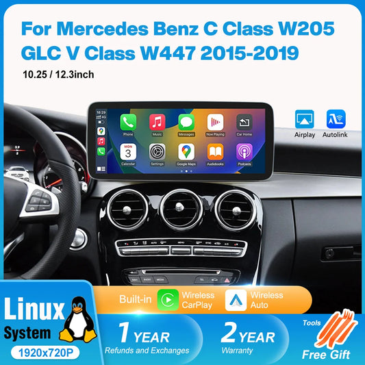 NUNOO Linux Car Radio Wireless Carplay For Mercedes Benz C Class W205 GLC V Class W447 2015-2019 GPS Auto Multimedia Player Navi