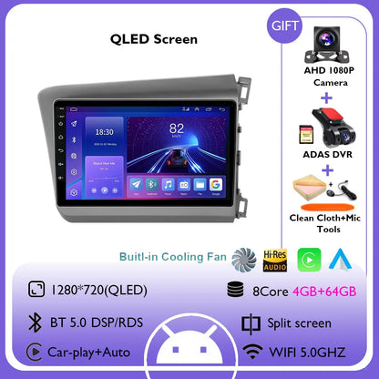 9" Android 14 Car Radio For Honda Civic RHD 2012 2013 2014 2015 Multimedia Player Carplay Auto Stereo GPS Navigation Head Unit