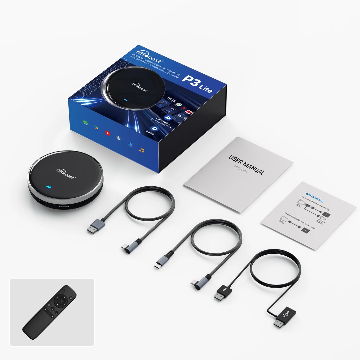 OTTOCAST P3 Lite OttoAiBox Android Ai Box Wireless CarPlay Android Auto Car Accessories Smart TV Box for Play Store 2024 New