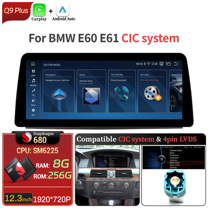 12.3 inch Android 14 For BMW 5 Series E60 E61 2005-2010 Car Radio 4G Wireless BT Carplay Snapdragon 680 Touch Head Unit Screen