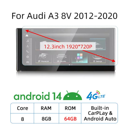 Android 14 Carplay Android Auto Touch Screen For Audi A3 8V 2013-2020 Car Radio Multimedia Player GPS Stereo Navigation DSP WIFI