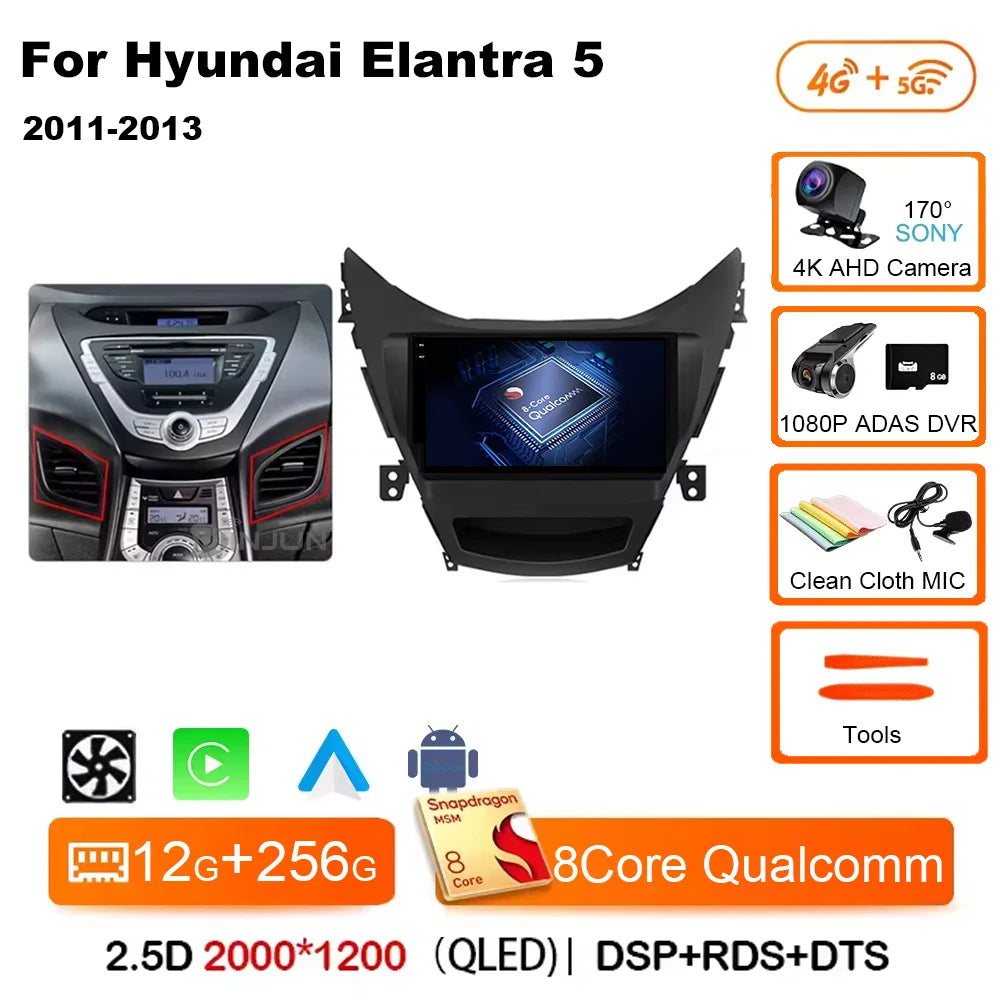 Android 14 Carplay Auto For Hyundai Elantra 5 JK GD MD UD 2011 - 2013 Qualcomm Car Radio Multimedia Video Player Navigation GPS