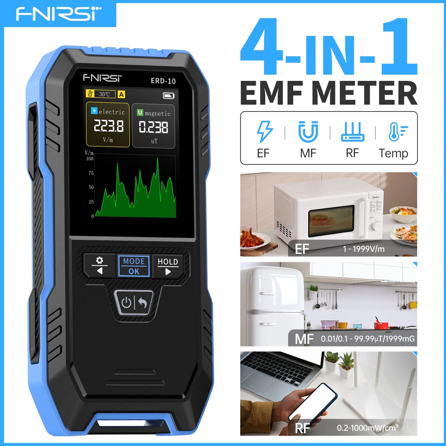 FNIRSI ERD-10 4-IN-1 Electromagnetic Radiation Detector, Electric & Magnetic Field Strength, RF Power, Temperature Monitor
