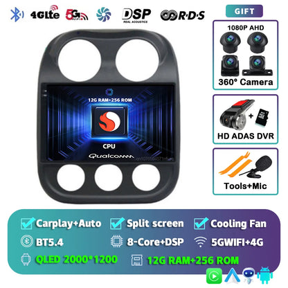 Android 14 For Jeep Compass Patriot 2010- 2016 2K QLED Android Car Radio Multimedia Video Player GPS AI Voice CarPlay Head Unit