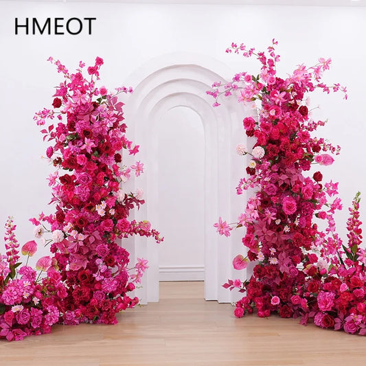 Hot Pink Rose Palm Orchid Aisle Floral Arrangement Wedding Backdrop KT Board Decor Hang Flower Row Banquet Window Display H8919