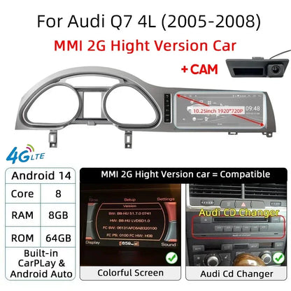 For Audi Q7 4L 2005-2015 MMI Android 14 Wireless CarPlay GPS Car Intelligent Multimedia Player Navigation Auto Radio Stereo DSP