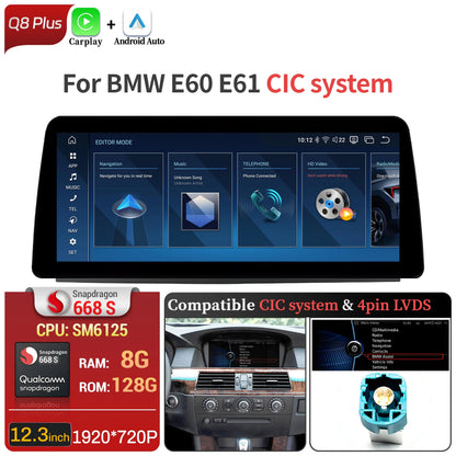 12.3 inch Android 14 For BMW 5 Series E60 E61 2005-2010 Car Radio 4G Wireless BT Carplay Snapdragon 680 Touch Head Unit Screen