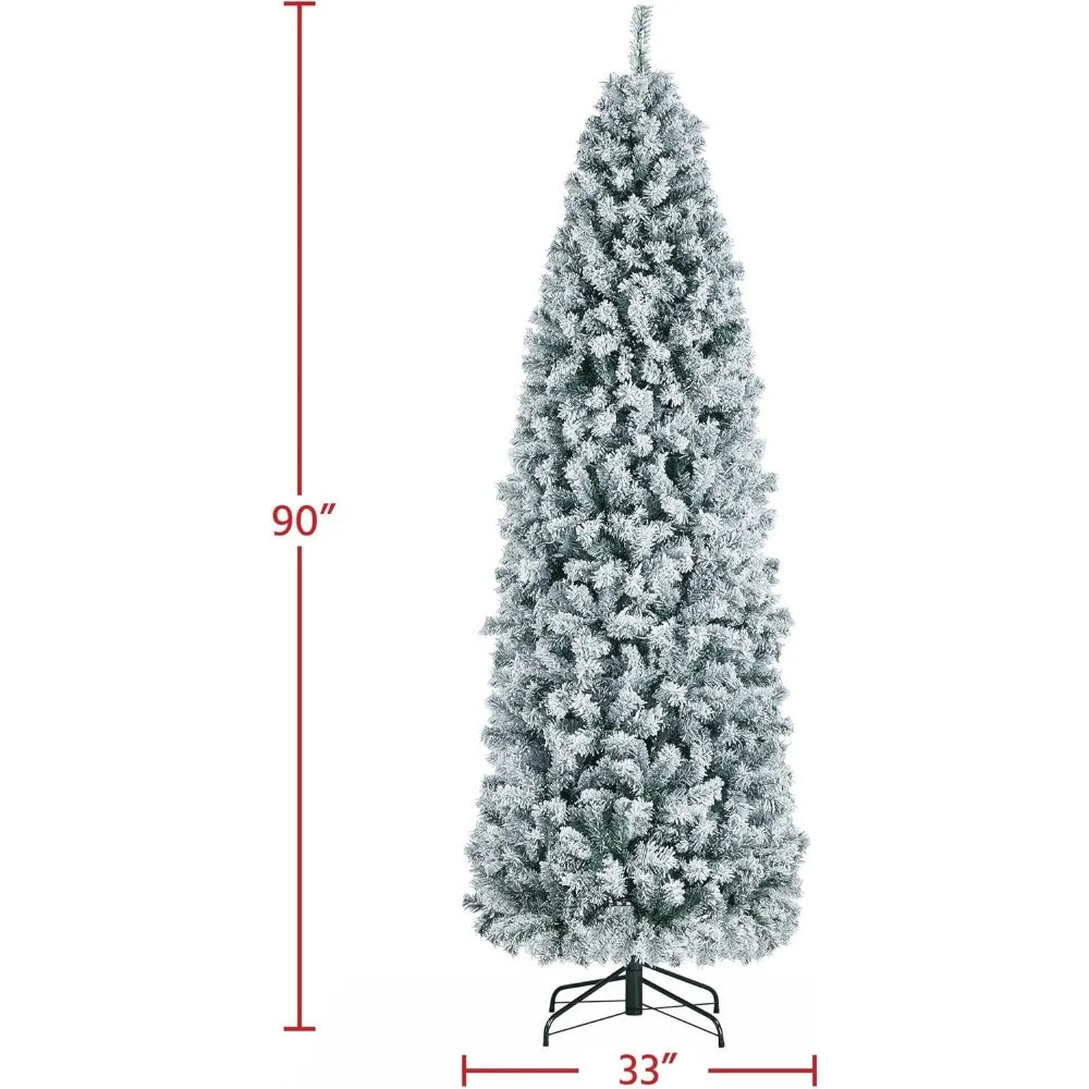 Snowflake Plush Pencil Christmas Tree with 350 Incandescent Warm White Lights, 7.5-foot Pre Installed Branches, 1086