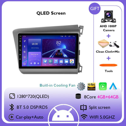 9" Android 14 Car Radio For Honda Civic RHD 2012 2013 2014 2015 Multimedia Player Carplay Auto Stereo GPS Navigation Head Unit