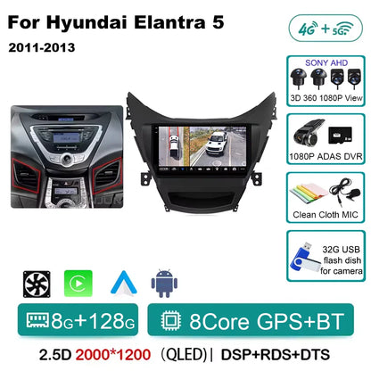 Android 14 Carplay Auto For Hyundai Elantra 5 JK GD MD UD 2011 - 2013 Qualcomm Car Radio Multimedia Video Player Navigation GPS