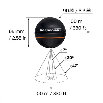 Deeper PRO  Plus 2.0 Castable and Portable WiFi Fish Finder Depth Finder for Kayaks Boats on Shore Ice Fishing / Smart Sonar