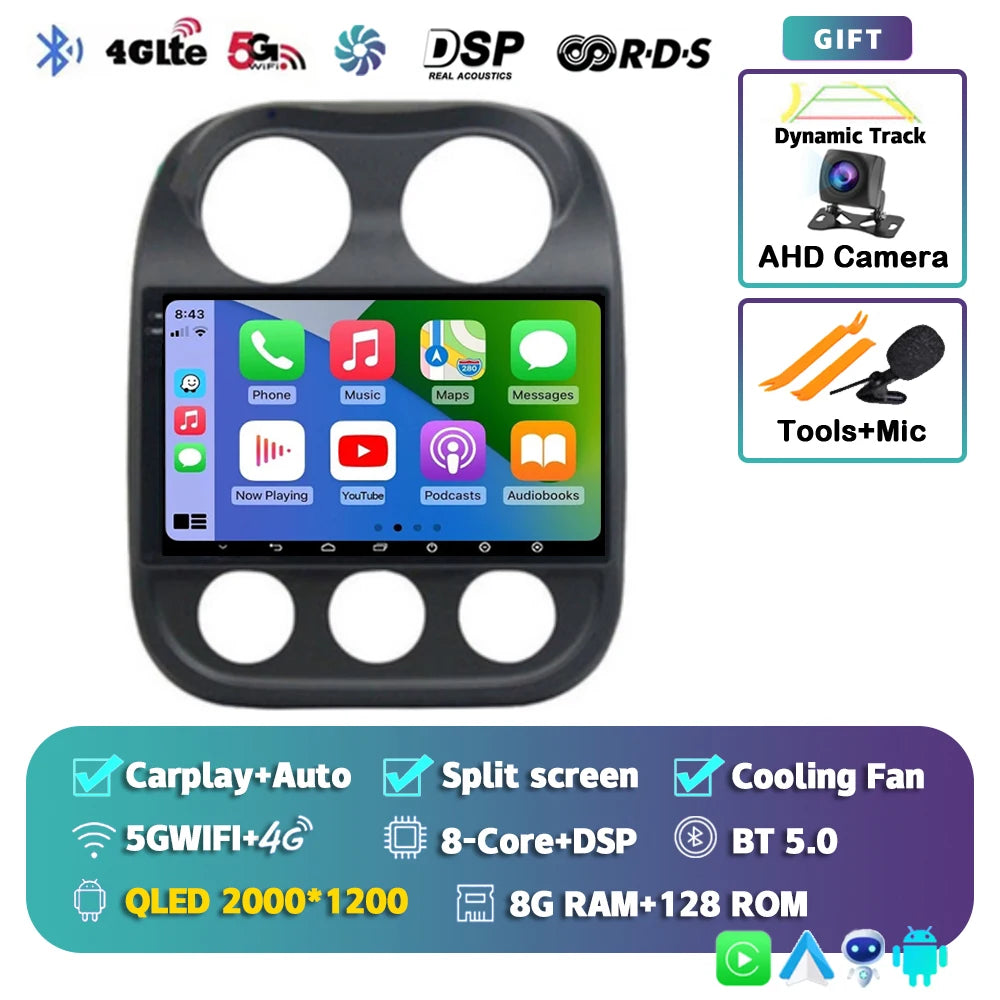 Android 14 For Jeep Compass Patriot 2010- 2016 2K QLED Android Car Radio Multimedia Video Player GPS AI Voice CarPlay Head Unit