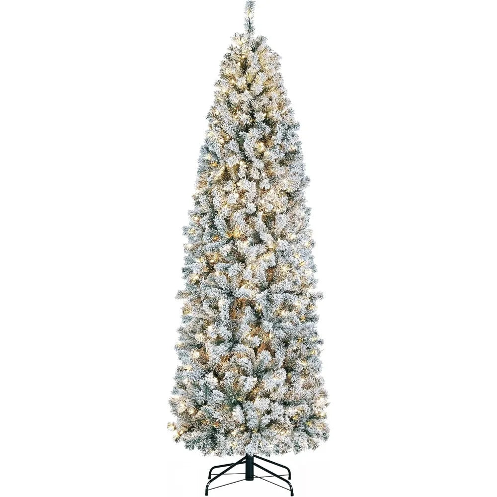 Snowflake Plush Pencil Christmas Tree with 350 Incandescent Warm White Lights, 7.5-foot Pre Installed Branches, 1086