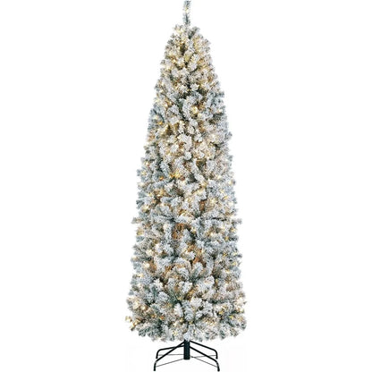 Snowflake Plush Pencil Christmas Tree with 350 Incandescent Warm White Lights, 7.5-foot Pre Installed Branches, 1086
