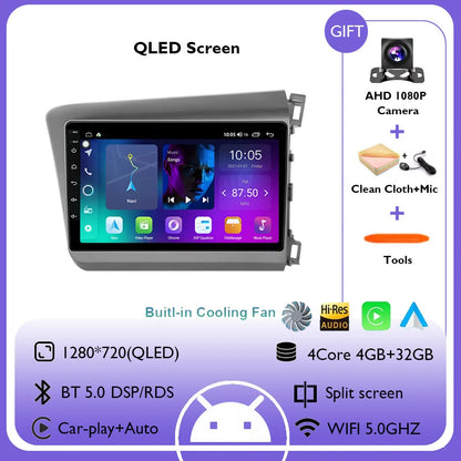 9" Android 14 Car Radio For Honda Civic RHD 2012 2013 2014 2015 Multimedia Player Carplay Auto Stereo GPS Navigation Head Unit