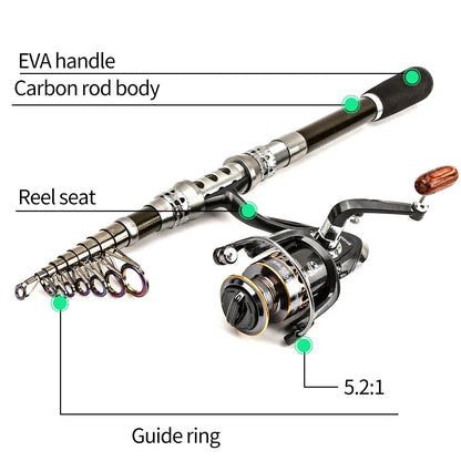 Carbon Lure Rod Wheel Set Sea Fishing Rod Telescopic Fishing Rod Rotating Reel Travel Fresh Water Fishing Set