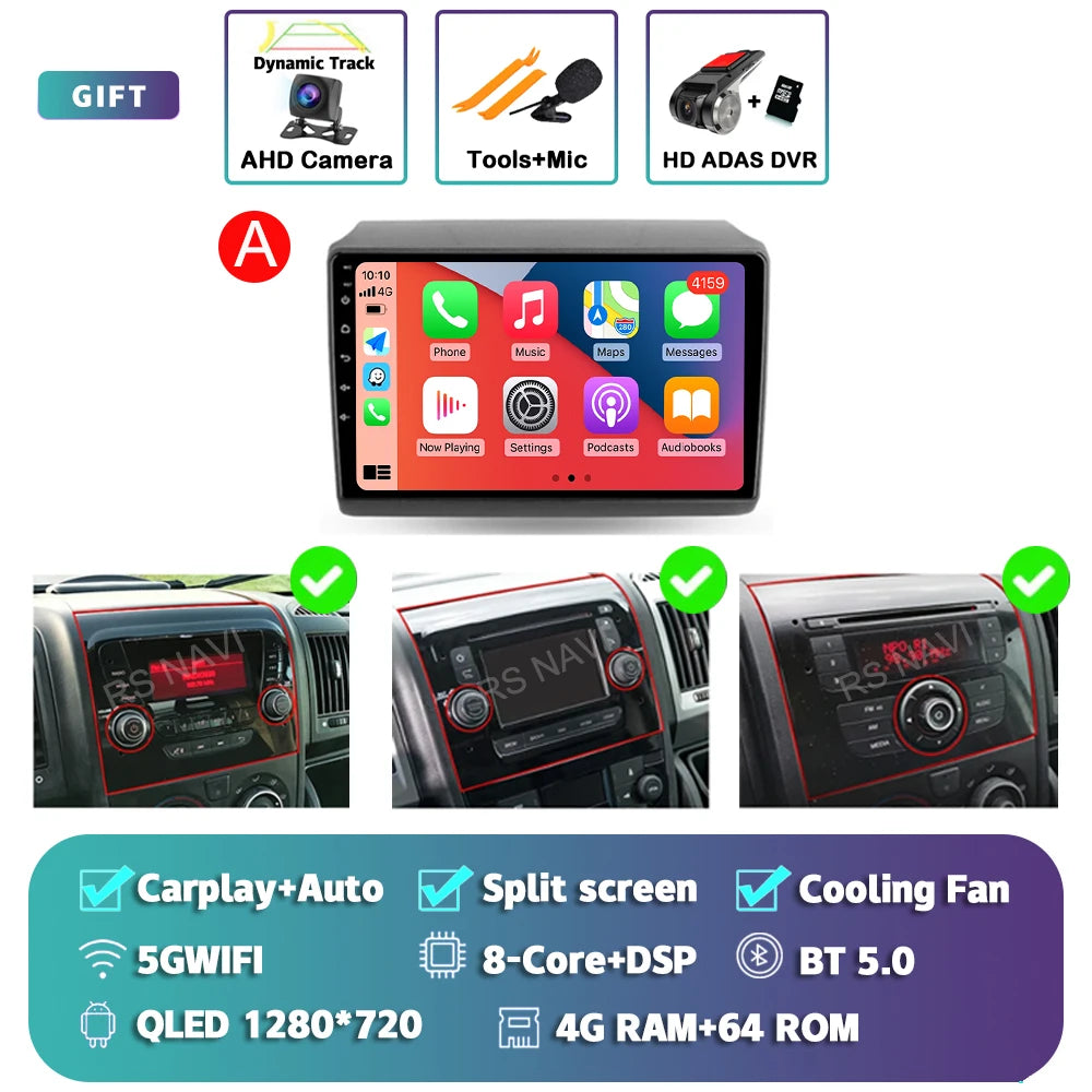 Android 14 Car Radio Carplay Auto GPS Navigation Multimedia Player For Fiat Ducato 2007 - 2015 video Stereo DVD 2 DIN Wifi+4G BT