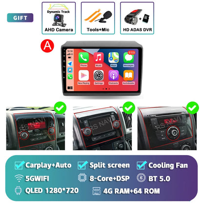 Android 14 Car Radio Carplay Auto GPS Navigation Multimedia Player For Fiat Ducato 2007 - 2015 video Stereo DVD 2 DIN Wifi+4G BT