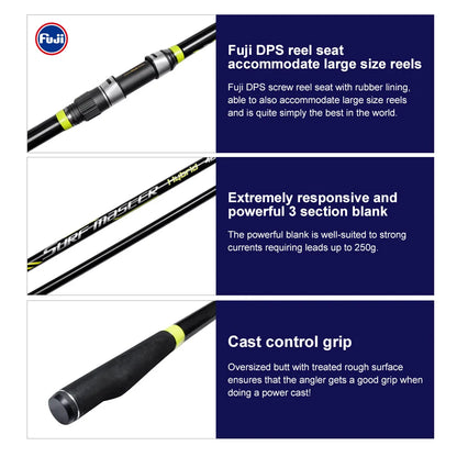 NOEBY Surf Casting Fishing Rod 4.25m 3 Section Solid Carbon Tip Fuji Guide DPS Reel Seat Sinker 100-250g Long Casting Surf Rods