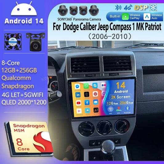 Android 14 Carplay Car Radio For Dodge Caliber Jeep Compass 1 MK Patriot 2006 - 2010 Navigation GPS Video Player wifi+4G Stereo