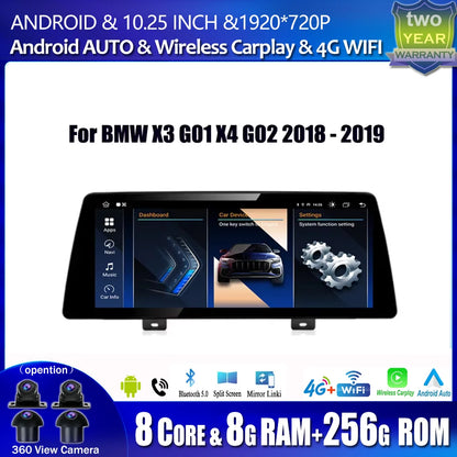 10.25 Inch For BMW X3 G01 X4 G02 2018 - 2019 Android 14 Touch Screen Car Carplay Monitors Stereo Speacker Multimedia Player