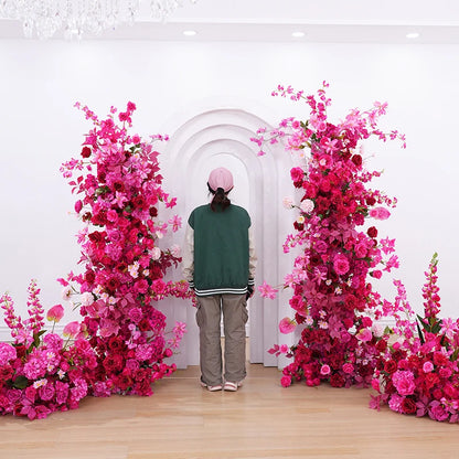 Hot Pink Rose Palm Orchid Aisle Floral Arrangement Wedding Backdrop KT Board Decor Hang Flower Row Banquet Window Display H8919