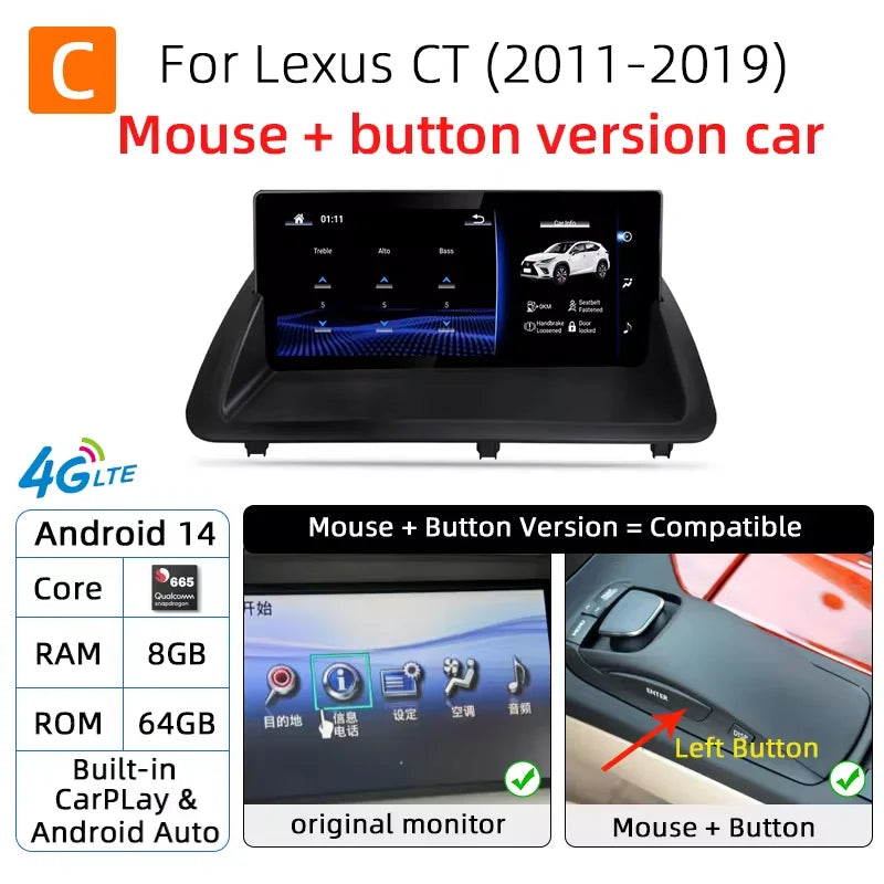 Nunoo Android 14 Car Radio CarPlay Screen For Lexus CT CT200 CT200h 2012-2020 GPS Navigation Snapdragon 8+128G Multimedia Player