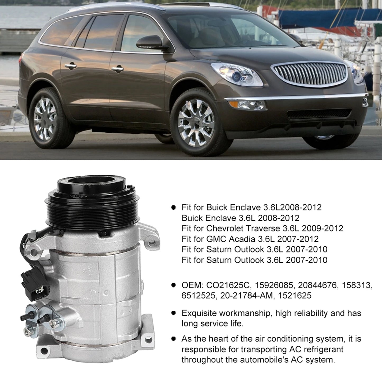 AC Compressor Replacement Part Fit for Buick Enclave 3.6L 2008-2012 CO21625C 15926085  20844676  Compressor  AC Compressor  Air