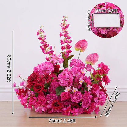 Hot Pink Rose Palm Orchid Aisle Floral Arrangement Wedding Backdrop KT Board Decor Hang Flower Row Banquet Window Display H8919