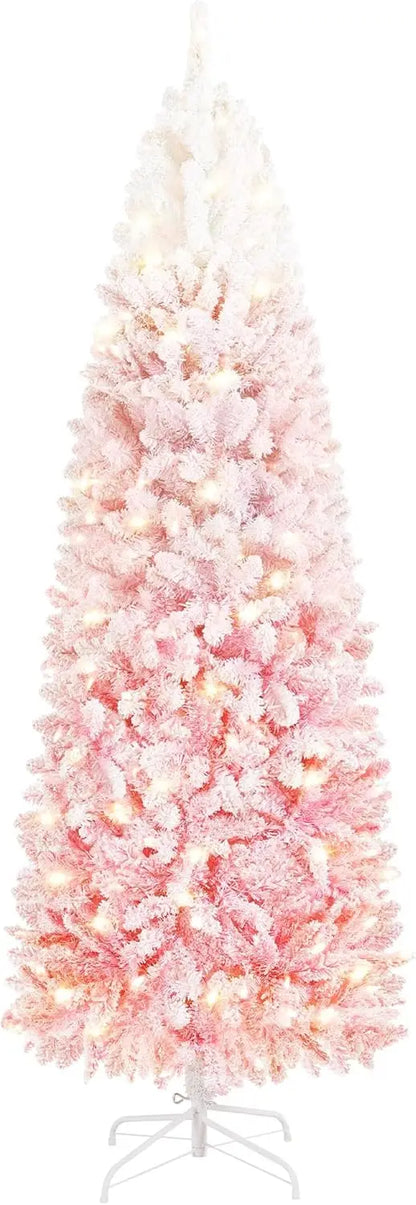Snowflake Plush Pencil Christmas Tree with 350 Incandescent Warm White Lights, 7.5-foot Pre Installed Branches, 1086