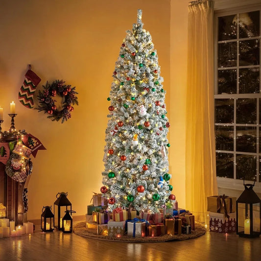 Snowflake Plush Pencil Christmas Tree with 350 Incandescent Warm White Lights, 7.5-foot Pre Installed Branches, 1086