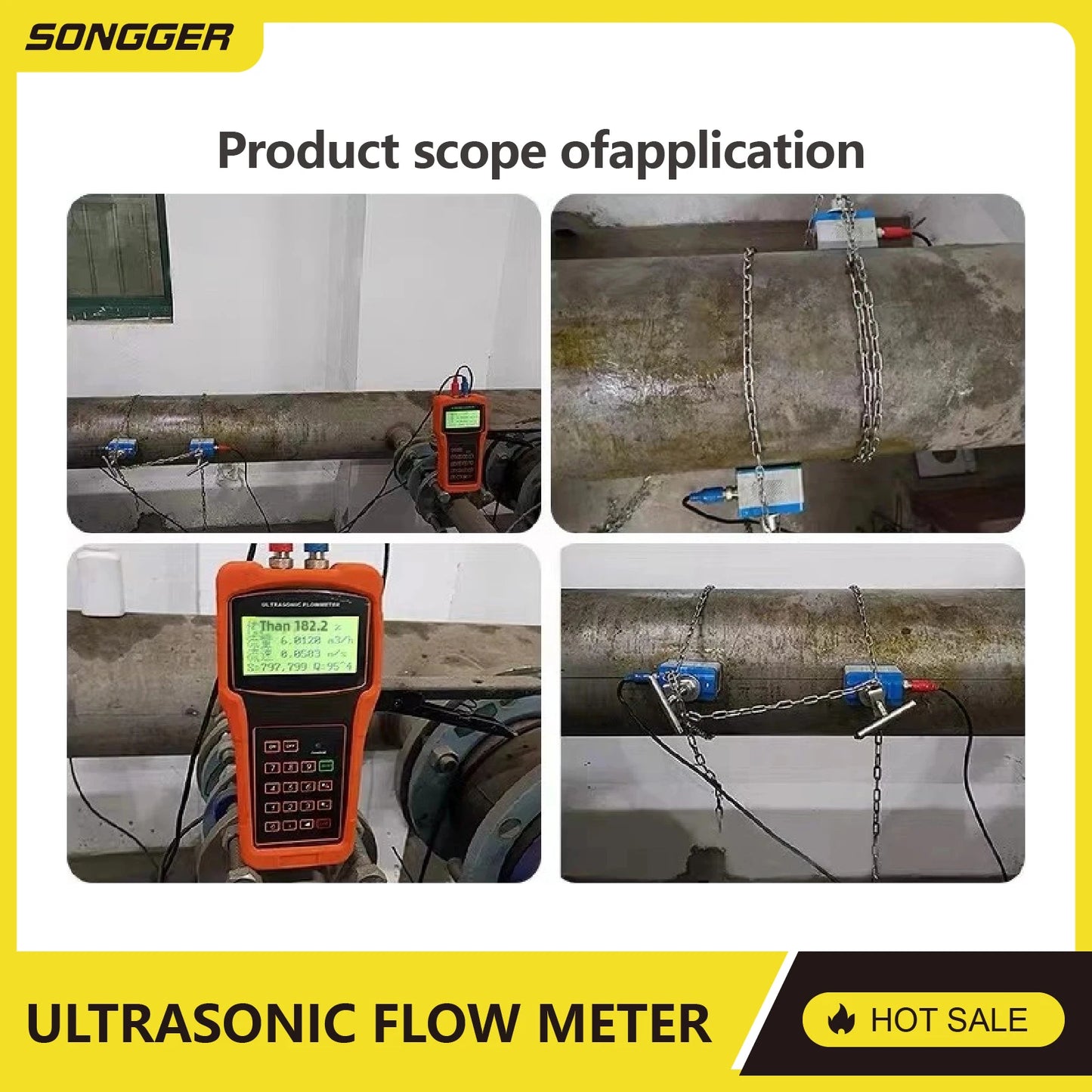 TUF-2000H Handheld Ultrasonic Flow Meter Portable Clamp-On Flowmeter Non-Invasive No Pipe Cutting