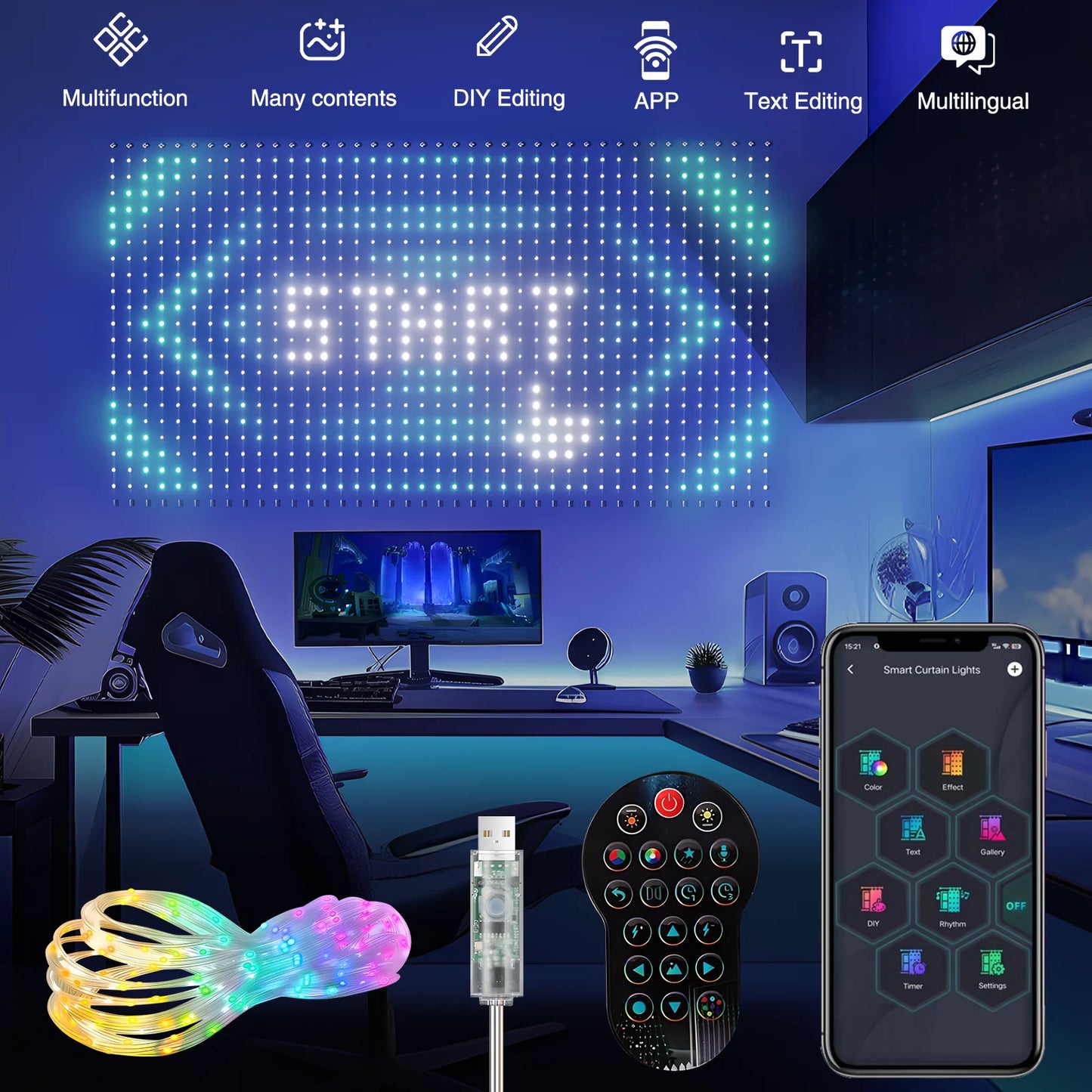 LED Intelligent LED DIY Curtain Light Remote Control Background Wall Bedroom Decoration Light Christmas and Halloween Decoration