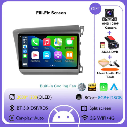 9" Android 14 Car Radio For Honda Civic RHD 2012 2013 2014 2015 Multimedia Player Carplay Auto Stereo GPS Navigation Head Unit