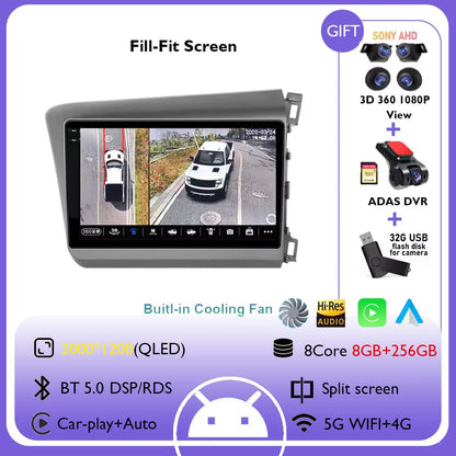 9" Android 14 Car Radio For Honda Civic RHD 2012 2013 2014 2015 Multimedia Player Carplay Auto Stereo GPS Navigation Head Unit