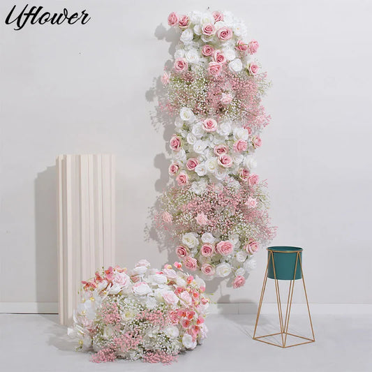 Uflower White Rose Gypsophila Artificial Flower Row Arrangement Wedding Table Centerpieces Floral Ball Window Display Party Prop