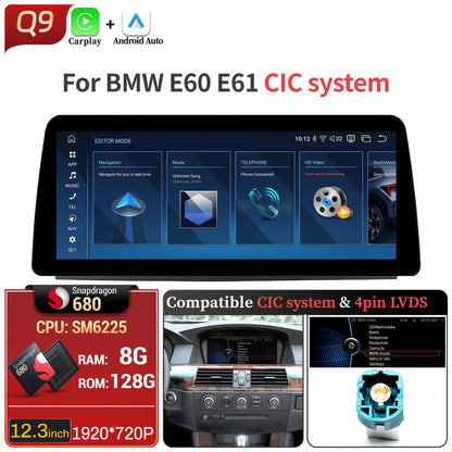 12.3 inch Android 14 For BMW 5 Series E60 E61 2005-2010 Car Radio 4G Wireless BT Carplay Snapdragon 680 Touch Head Unit Screen