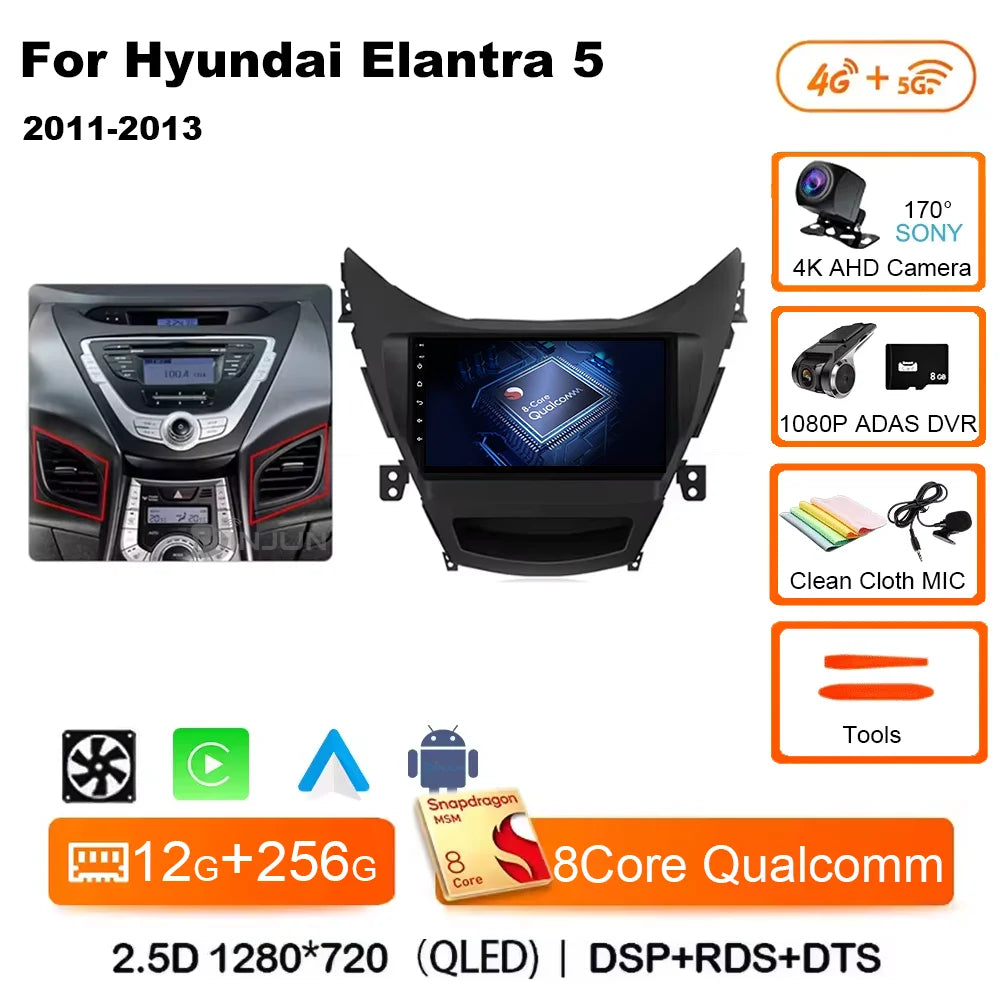 Android 14 Carplay Auto For Hyundai Elantra 5 JK GD MD UD 2011 - 2013 Qualcomm Car Radio Multimedia Video Player Navigation GPS
