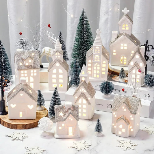28 Piece Ceramic Christmas Village Set, 9 White Christmas Houses, 17 Snow Trees, 2 Retro Christmas Decorations with Lights