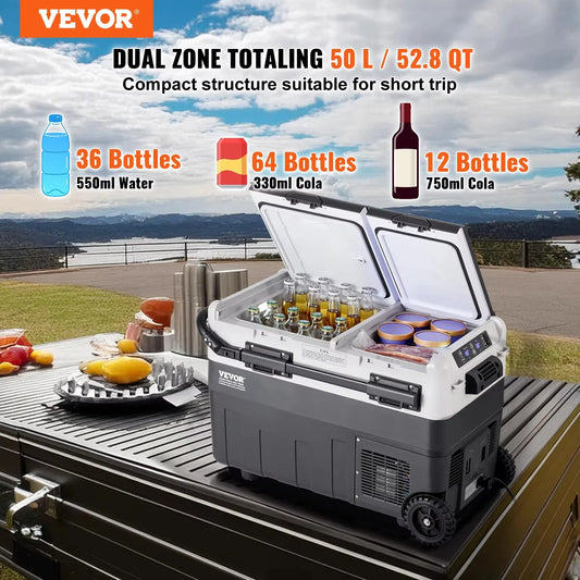 VEVOR 40L/50L/58L Portable Car Refrigerator, 12V Dual Zone Portable Freezer, Compressor Cooler for Outdoor Camping RV Car