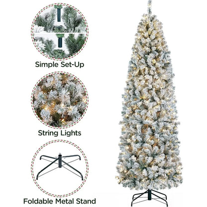 Snowflake Plush Pencil Christmas Tree with 350 Incandescent Warm White Lights, 7.5-foot Pre Installed Branches, 1086